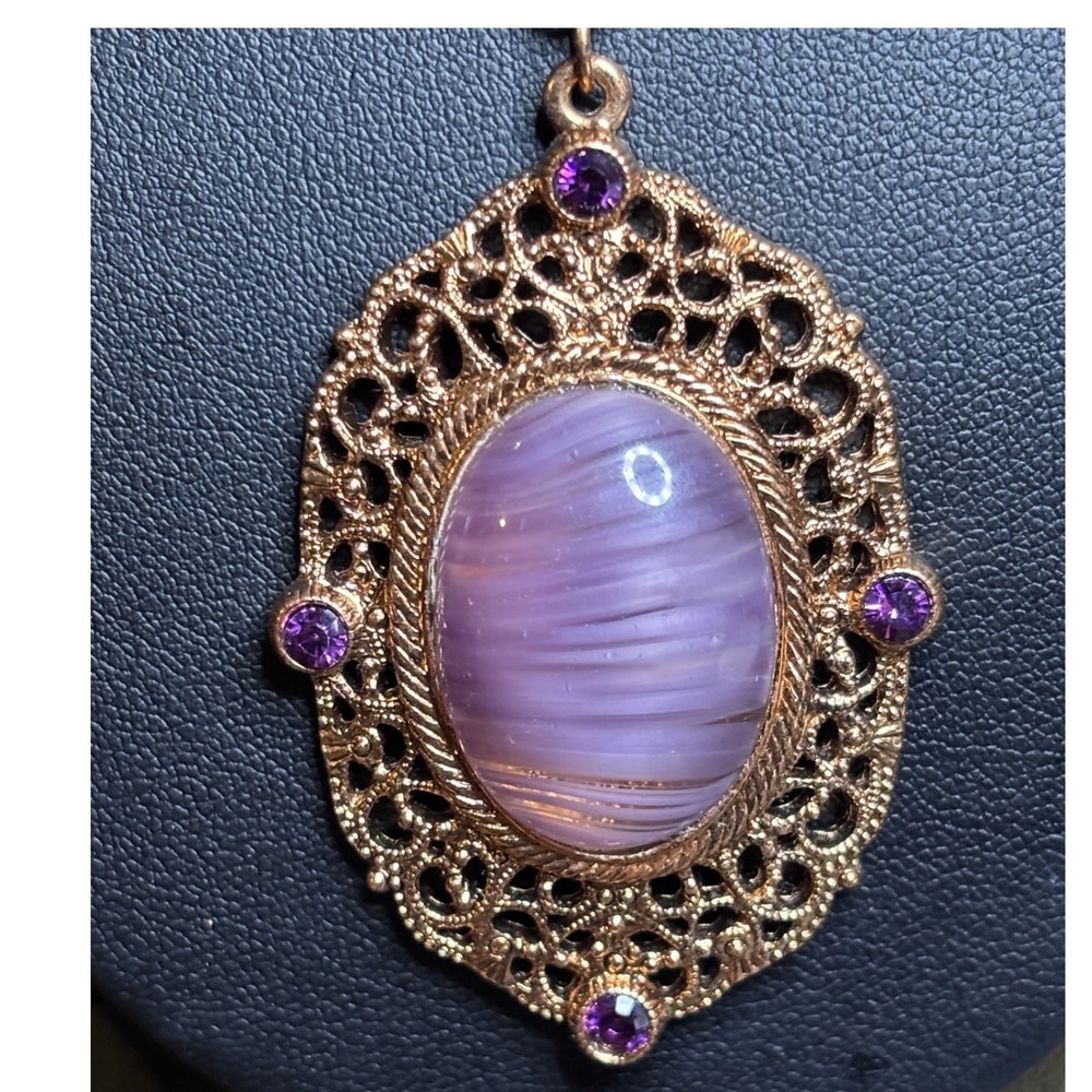 Amethyst Glass Quartz & Amethyst Crystal Filigree Pendant Necklace 30" - Picture 4 of 8